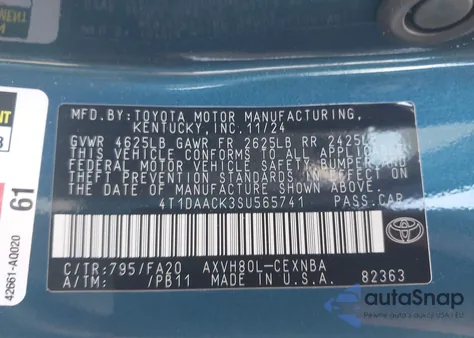 2025 Toyota Camry Le z USA, uszkodzony, nr VIN 4T1DAACK3SU565741